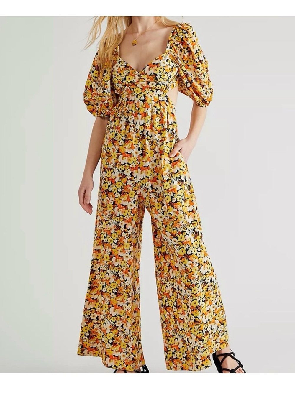 Free People Yellow Floral Puff-Sleeve Wide-Leg Jumpsuit